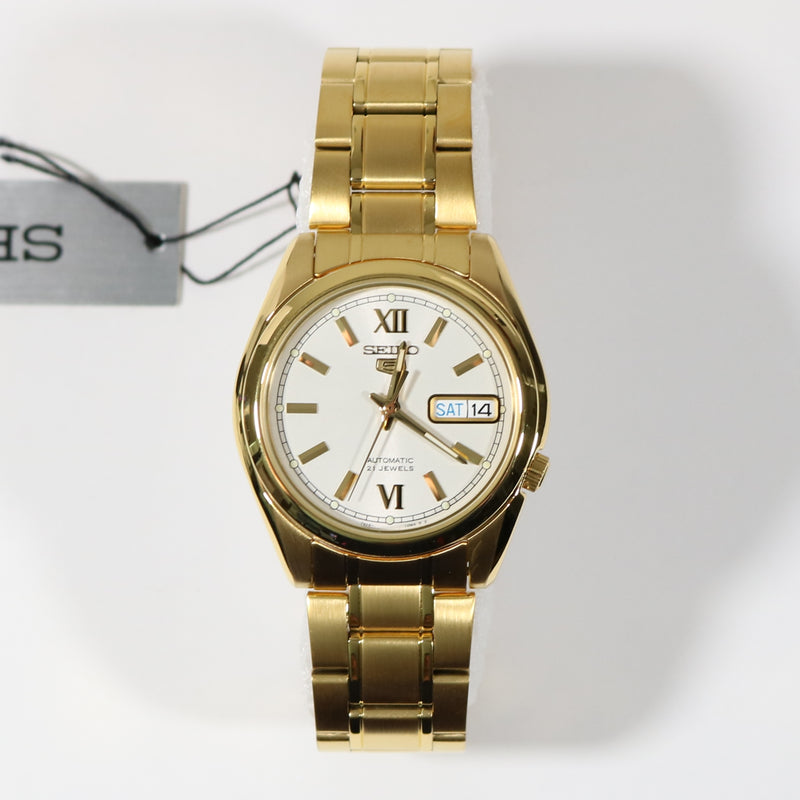 Seiko 5 Gold Tone Stainless Steel White Dial Men's Automatic Watch SNK –  Chronobuy