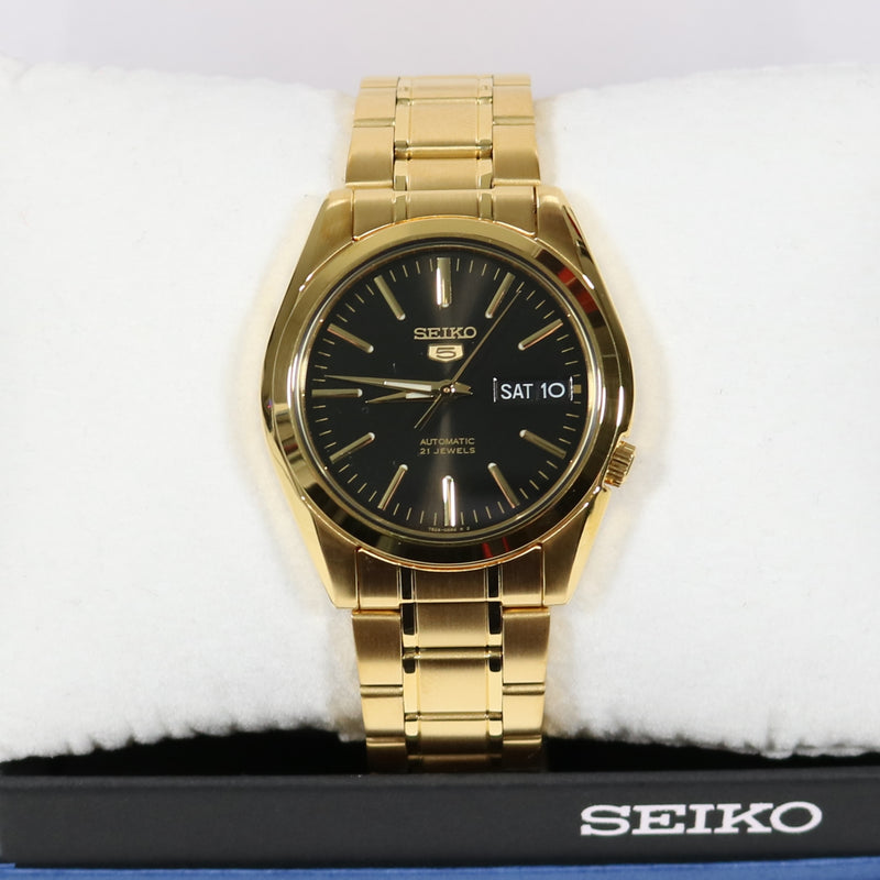 Seiko 5 Gold Tone Stainless Steel Black Dial Men's Automatic Watch SNK –  Chronobuy