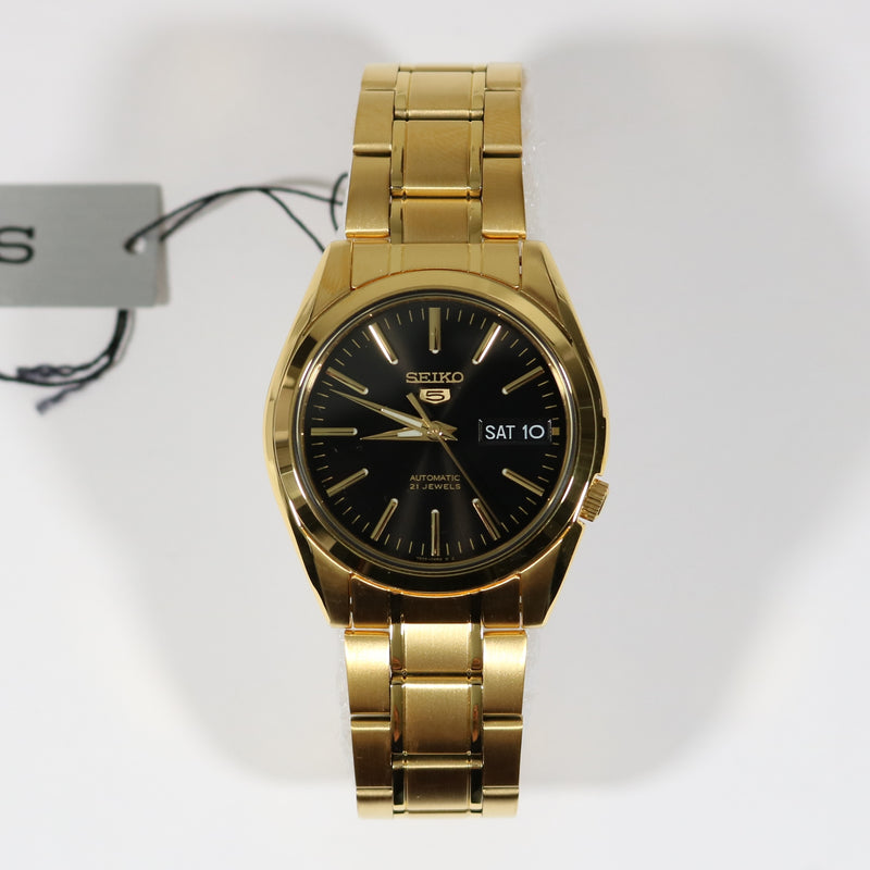 Seiko 5 Gold Tone Stainless Steel Black Dial Men's Automatic Watch SNK –  Chronobuy