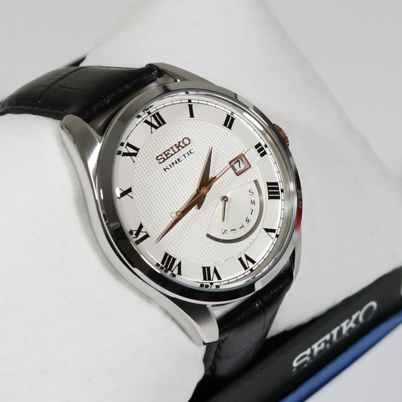 Seiko Kinetic Men's White Dial Black Leather Strap Watch SRN073P1 –  Chronobuy