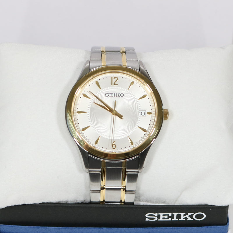 Seiko Quartz Two Tone Men's White Dial Sapphire Crystal Dress Watch SU –  Chronobuy