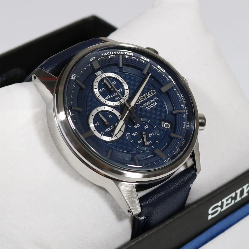 Seiko Chronograph Navy Blue Date Leather Strap Men's Watch SSB333P1 –  Chronobuy