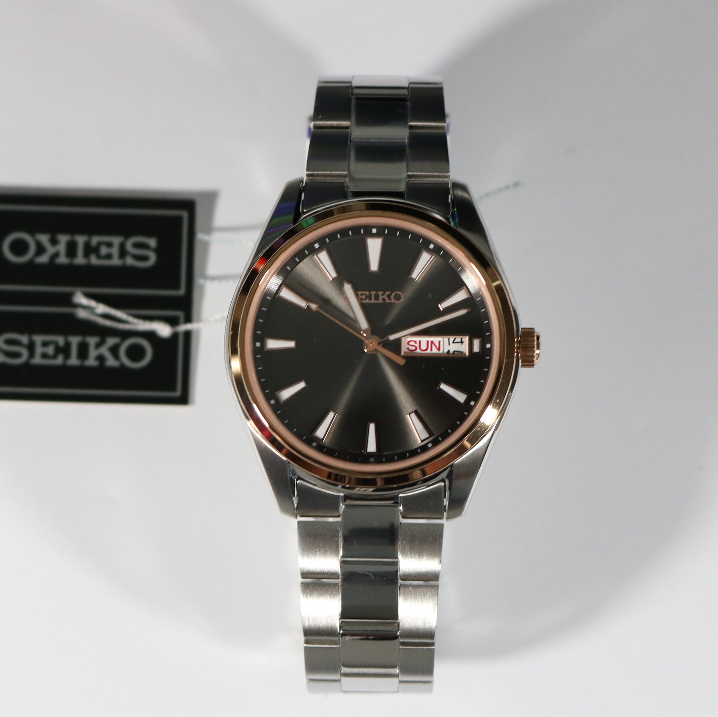Seiko Quartz Grey Dial Rose Gold Tone Bezel Men's Watch SUR344P1 – Chronobuy