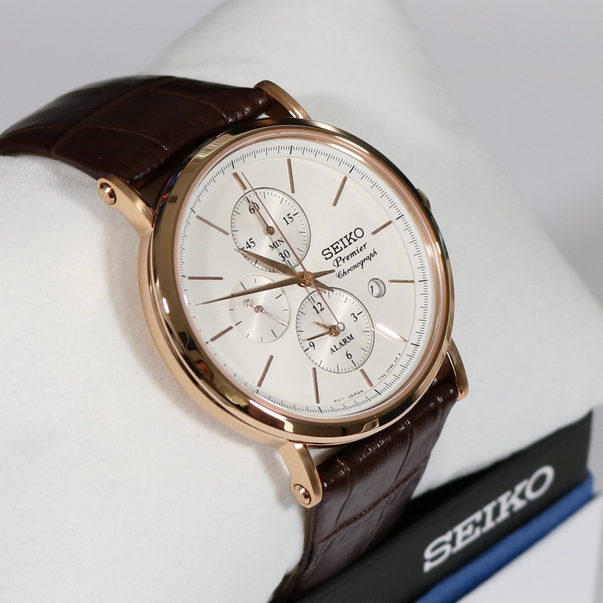 Seiko Premier Rose Gold Tone Men's Chronograph Watch SNAF82P1 – Chronobuy