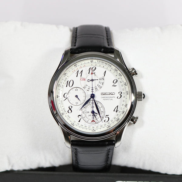 Seiko Quartz Perpetual White Dial Stainless Steel Watch Black Strap SP –  Chronobuy