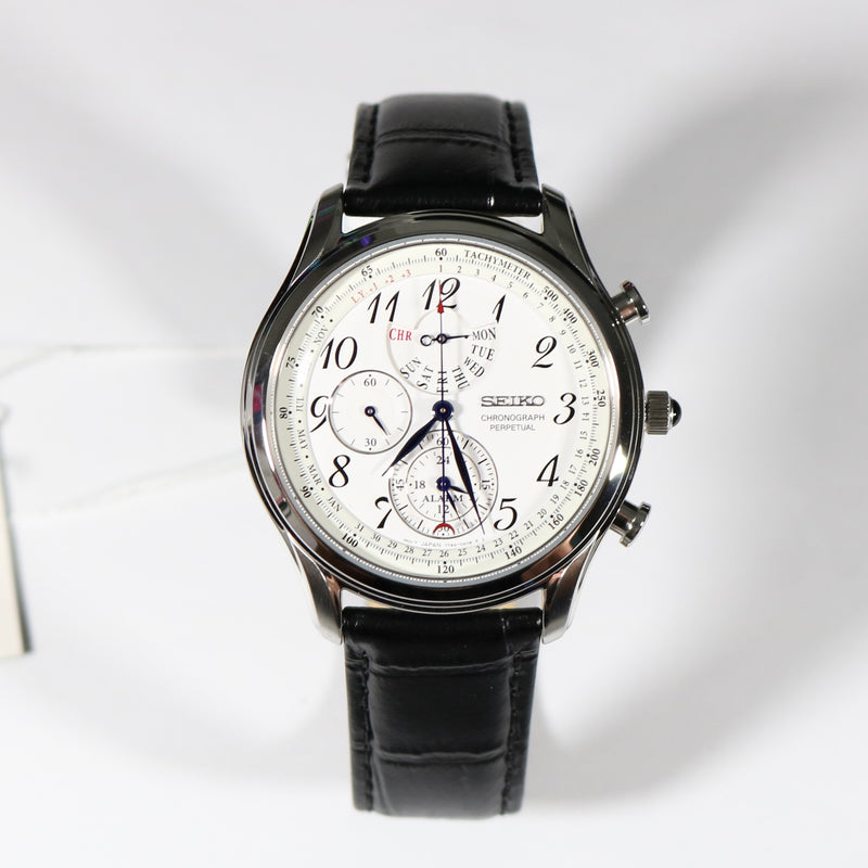 Seiko Quartz Perpetual White Dial Stainless Steel Watch Black Strap SP –  Chronobuy