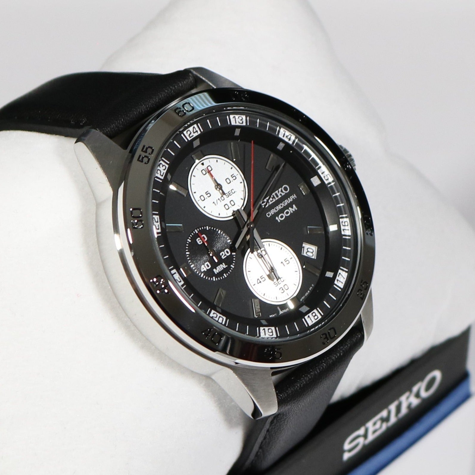 Seiko Chronograph Black Dial Stainless Steel Leather Strap Men's Watch –  Chronobuy
