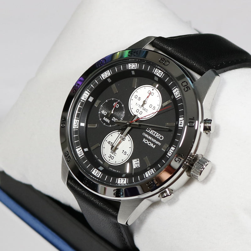 Seiko Chronograph Black Dial Stainless Steel Leather Strap Men's Watch –  Chronobuy