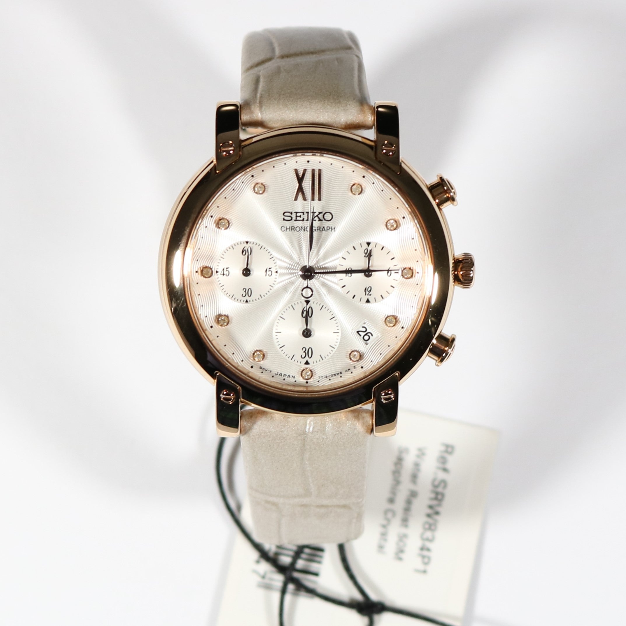 Seiko Women's Rose Gold Tone White Textured Dial Chronograph Watch SRW –  Chronobuy