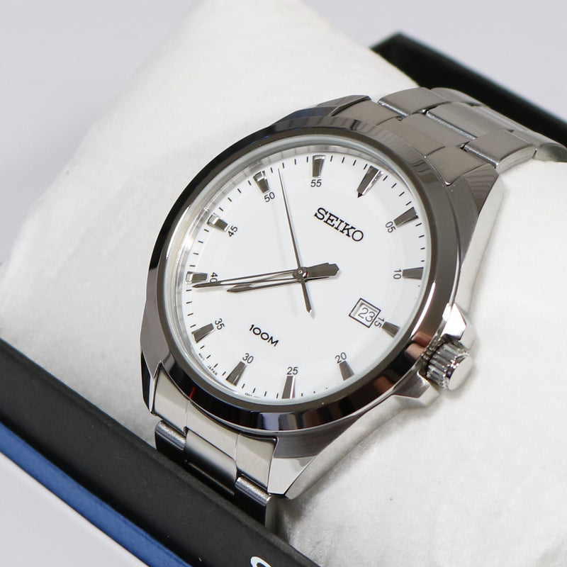 Seiko Men's Classic Stainless Steel White Dial Quartz Watch SUR205P1 –  Chronobuy