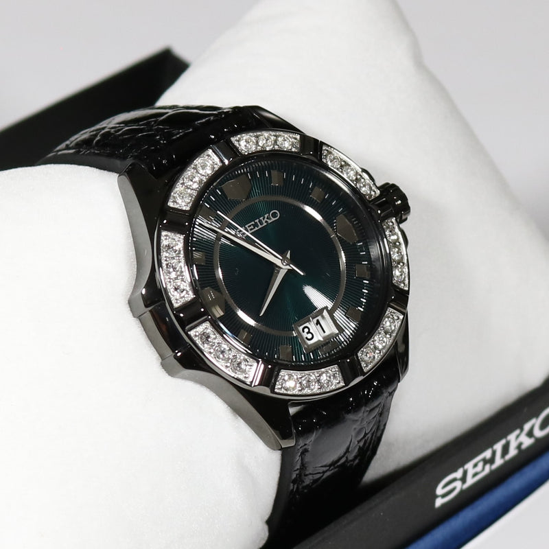 Seiko Quartz Women's Green Dial Crystal Bezel Ion Coated Watch SUR805P –  Chronobuy