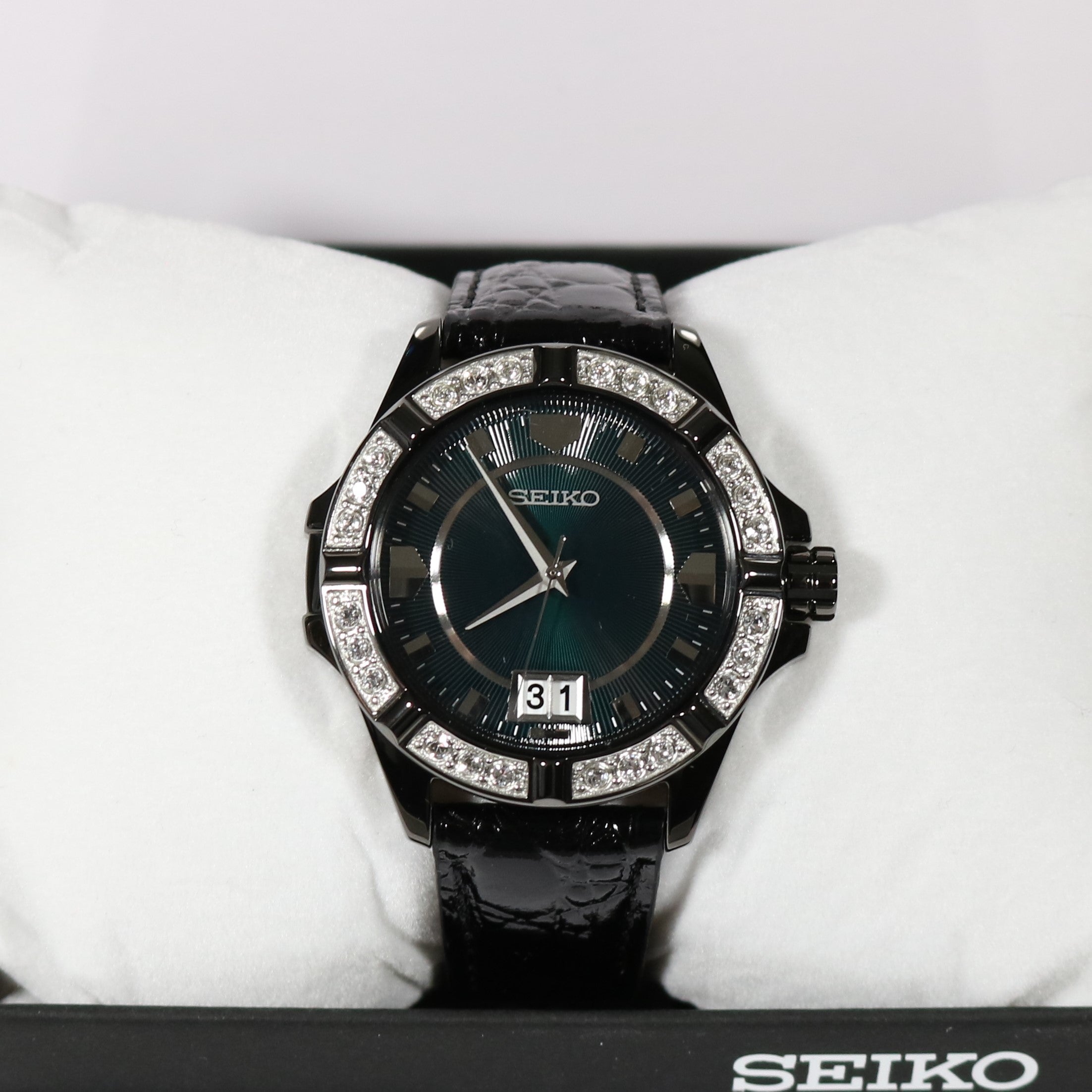 Seiko Quartz Women's Green Dial Crystal Bezel Ion Coated Watch SUR805P –  Chronobuy