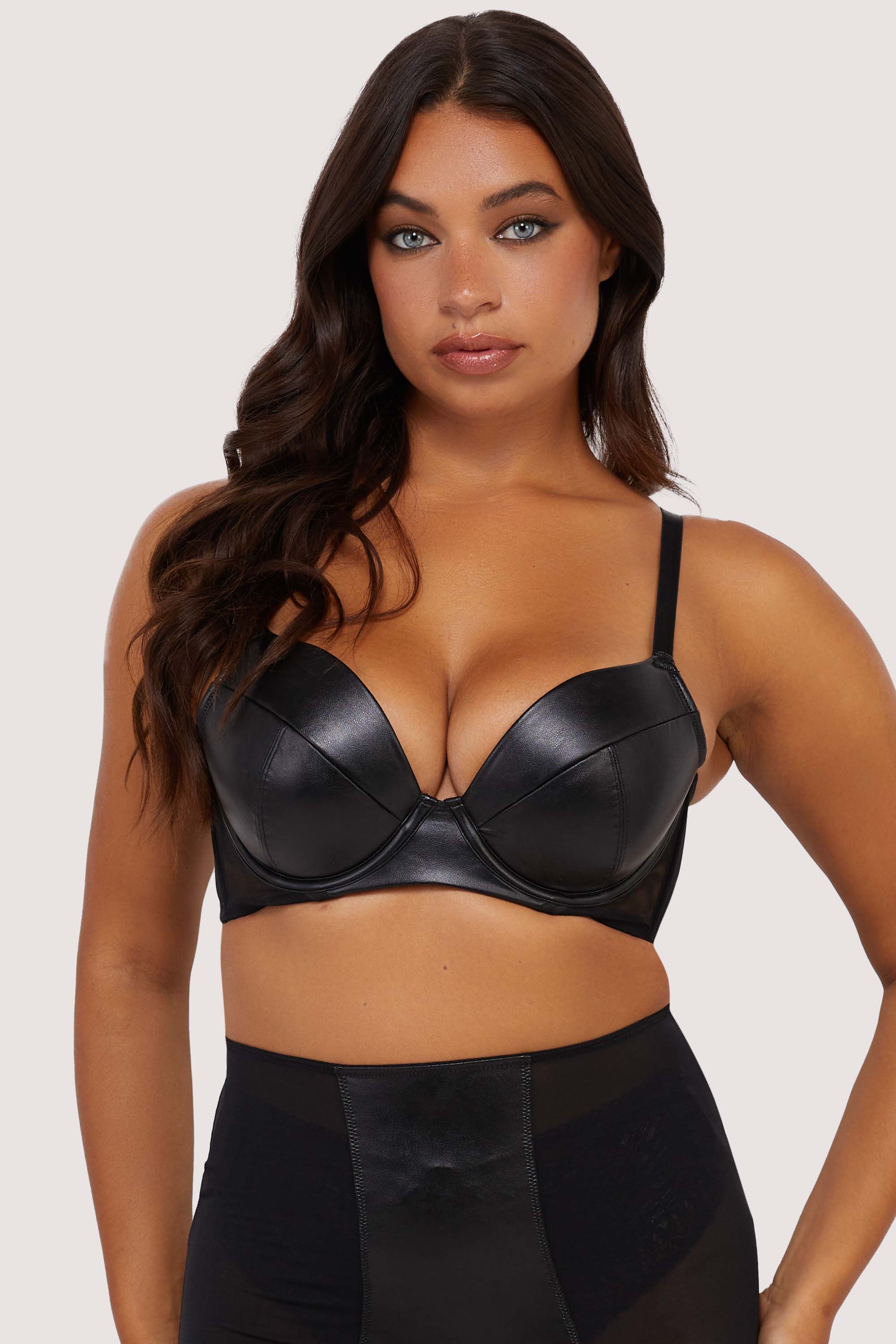 Iris Black Leatherette Padded Plunge Bra - Playful Promises Australia product image