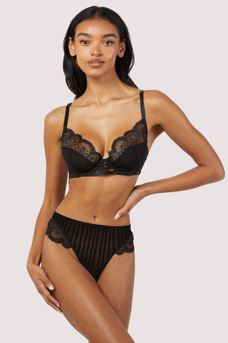 Lace Trim Mesh Plunging Bralette and High Leg Knickers Set
