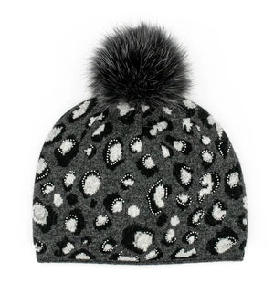 MITCHIES:  ANIMAL PRINT RHINESTONE POM HAT - Ports and Company
