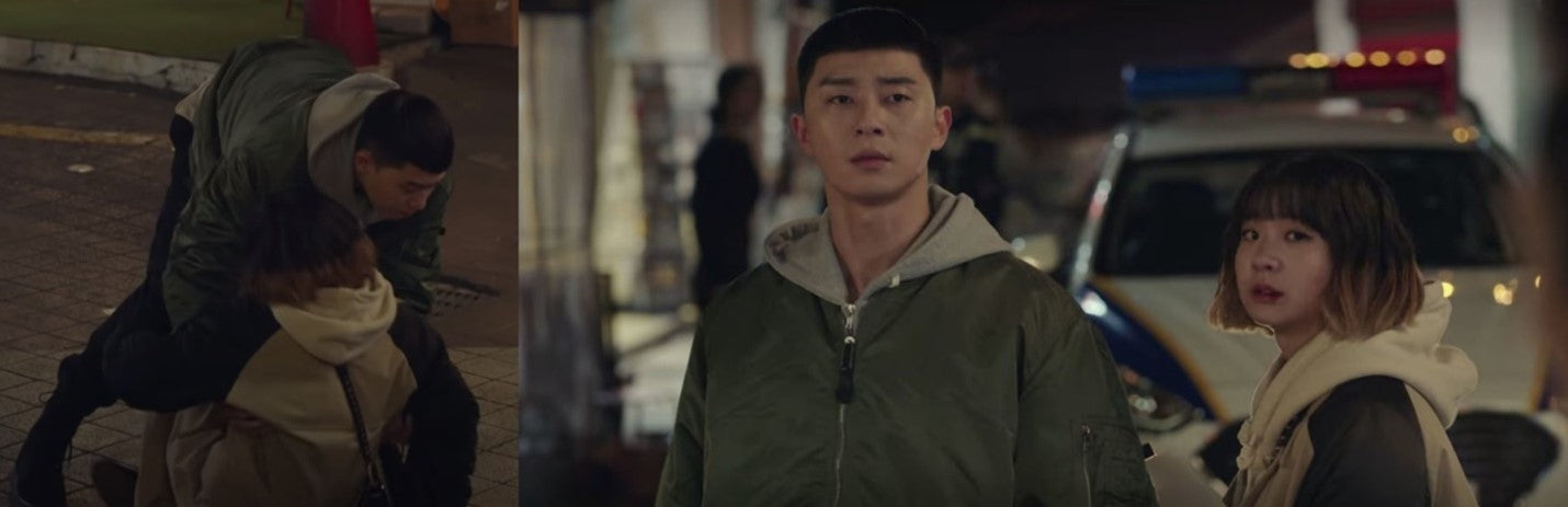 ic: Park Seo Jun as Park Saeyori sporting a L-2B bomber jacket and Yeezy Boosts combat boots. Featured in Itaewon Class.