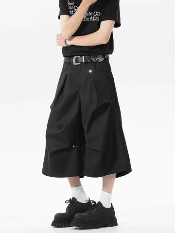 Wide Leg Pleated Button-Detail Long Bermuda