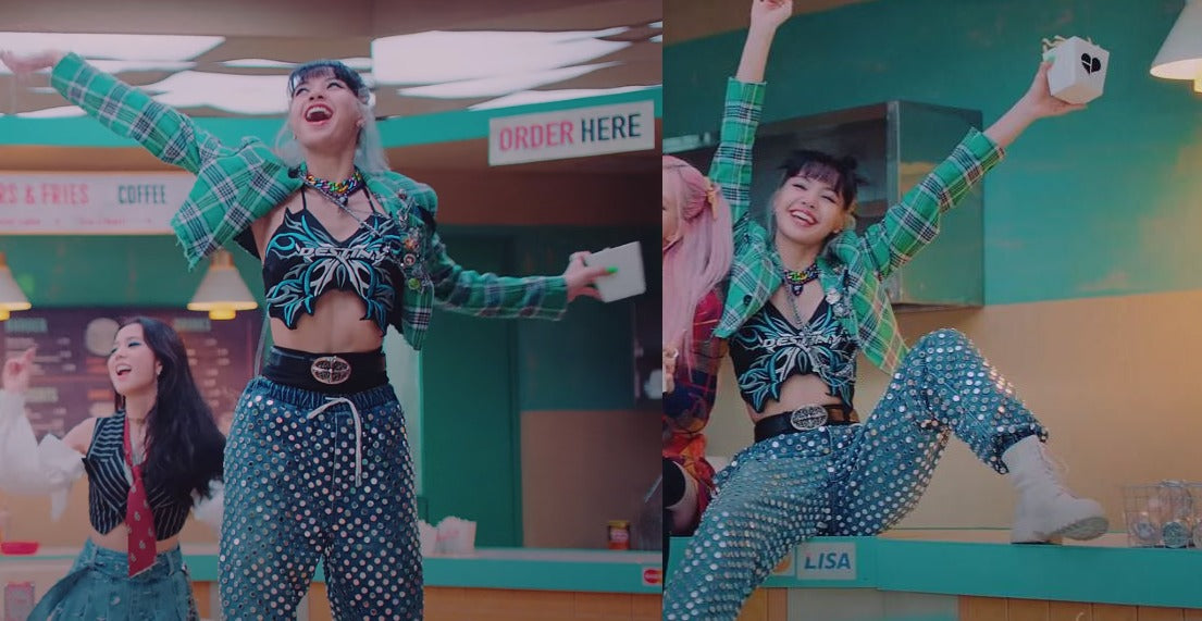 ic: Lisa dazzles in sequined pants and a butterfly crop top from Namilia. Featured in Black Pink’s “Love Sick Girls” Music Video.