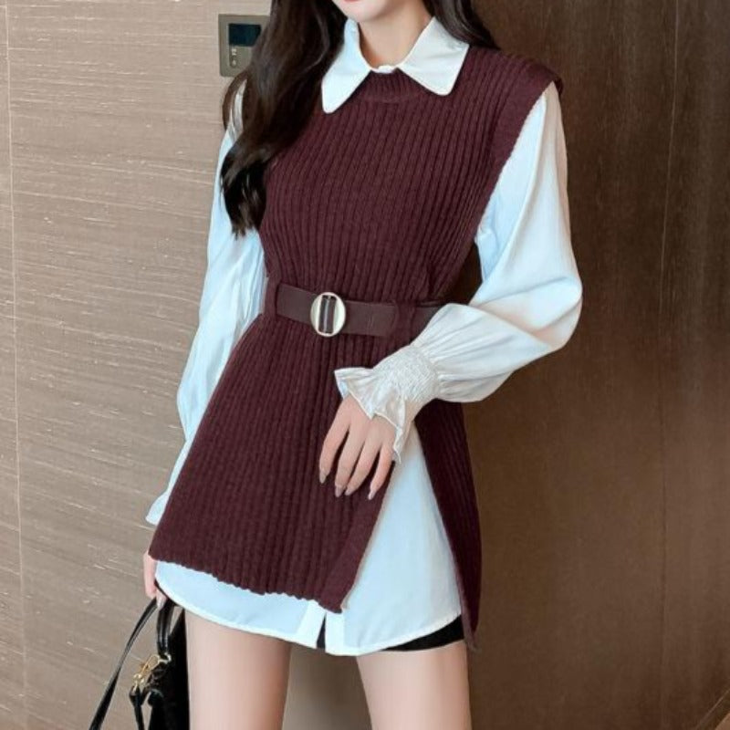 Slim Knit Vest with Ruffle Sleeve Shirt Two-Piece Set