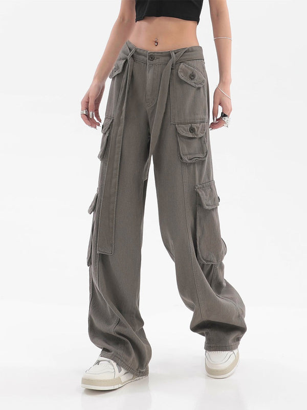 Wide Leg Detachable Strap-Split Cargo Pants