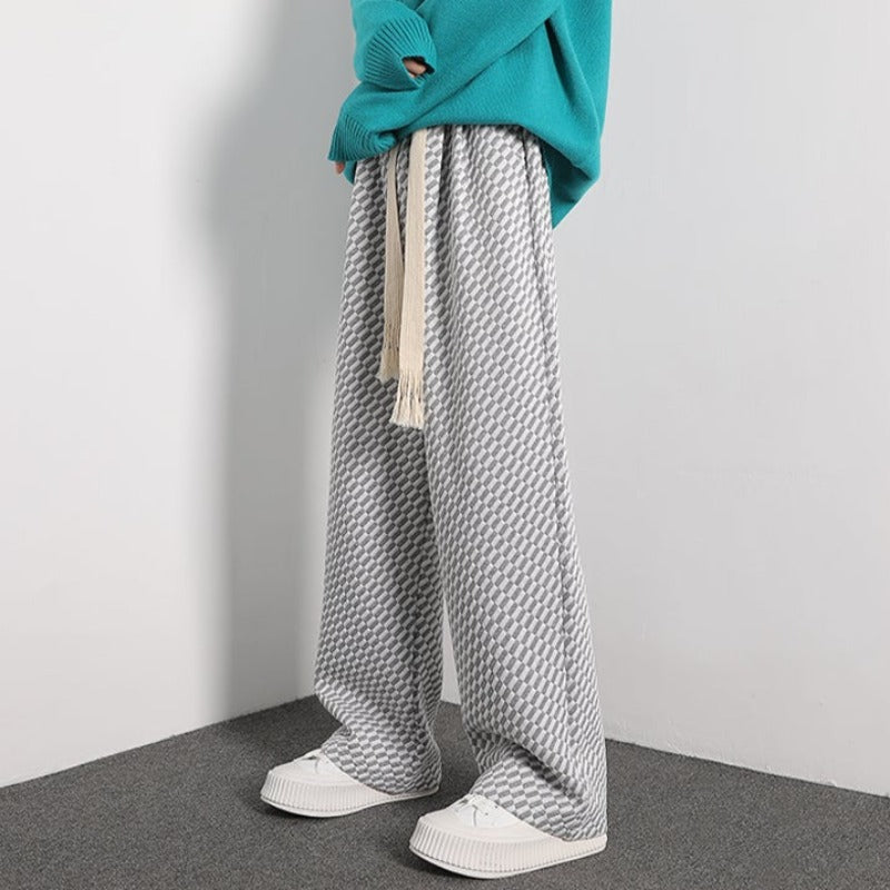 Diagonal Checker Wide Leg Pants with Chunky Drawstring - nightcity clothing