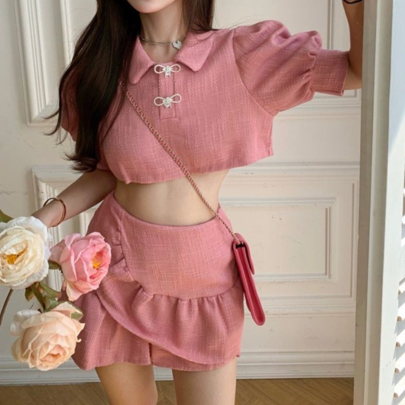 Puff Sleeve Crop Top and Ruffle Mini Skirt Two-Piece Set