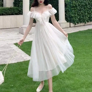 VenusFox Mesh Dress Woman 2023 Summer Fairycore  Low Chest Off Shoulder Lace-Up White Dresses Women Sexy Sweet Spaghetti Strap Dress - VenusFox 