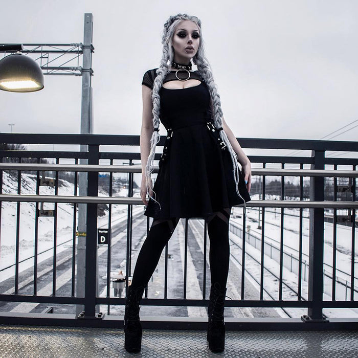 VenusFox Women Punk Dress Black Goth Dress Harajuku Gothic Girl Sexy Hollow Mesh Splice Dresses Dark Grunge Streetwear Women A-line Dress