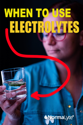 When to Use Electrolytes | ORS Oral Rehydration Salt Electrolyte Powder NormaLyte | Image is a woman in a blue shirt holding a glass of water filled with electrolytes