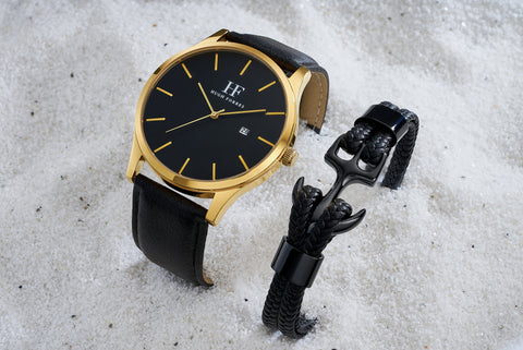 Black Anchor Bracelet & Gold Watch
