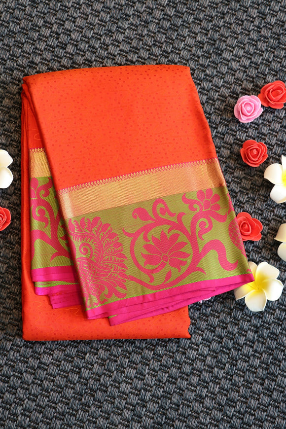 Orange colour pure soft silk saree with pink colour border and pallu