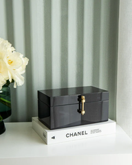 Black lacquer box with brass lock and handles