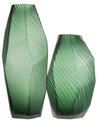 green frosted glass vases with geometric shapes