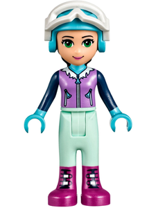 This LEGO minifigure is called, Friends Emma, Light Aqua Trousers, Medium Lavender Ski Vest, Helmet, Goggles . It's minifig ID is frnd216.