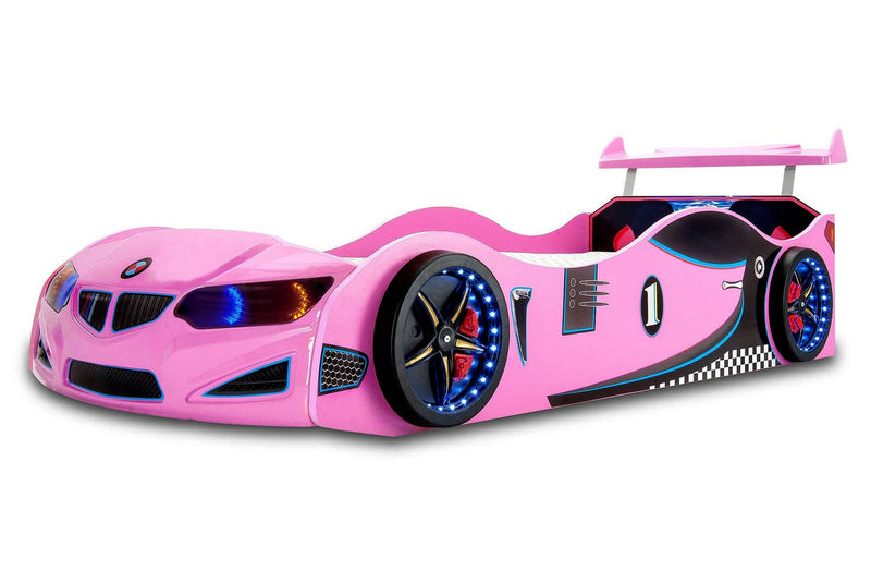 pink race car bed