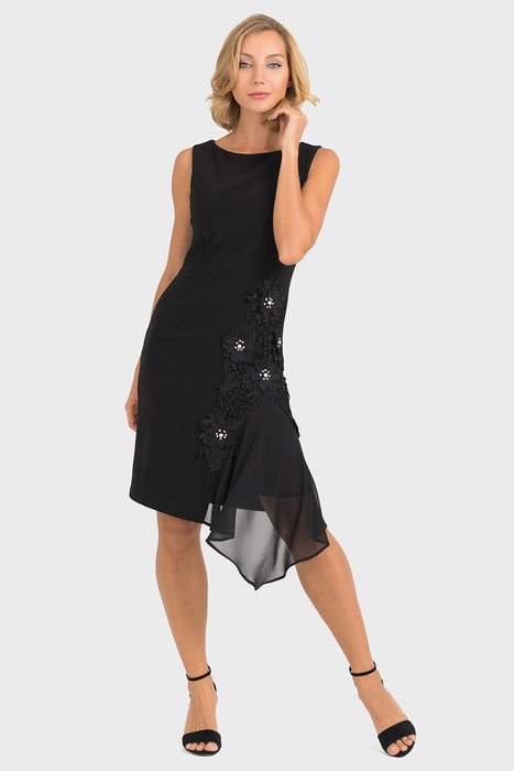 black dress with floral overlay