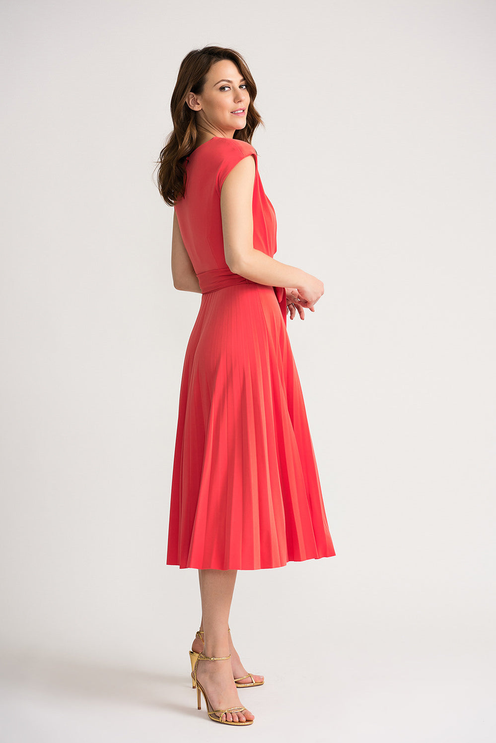 Joseph Ribkoff Papaya Round Neck Belted Pleated A-Line Midi Dress 2022