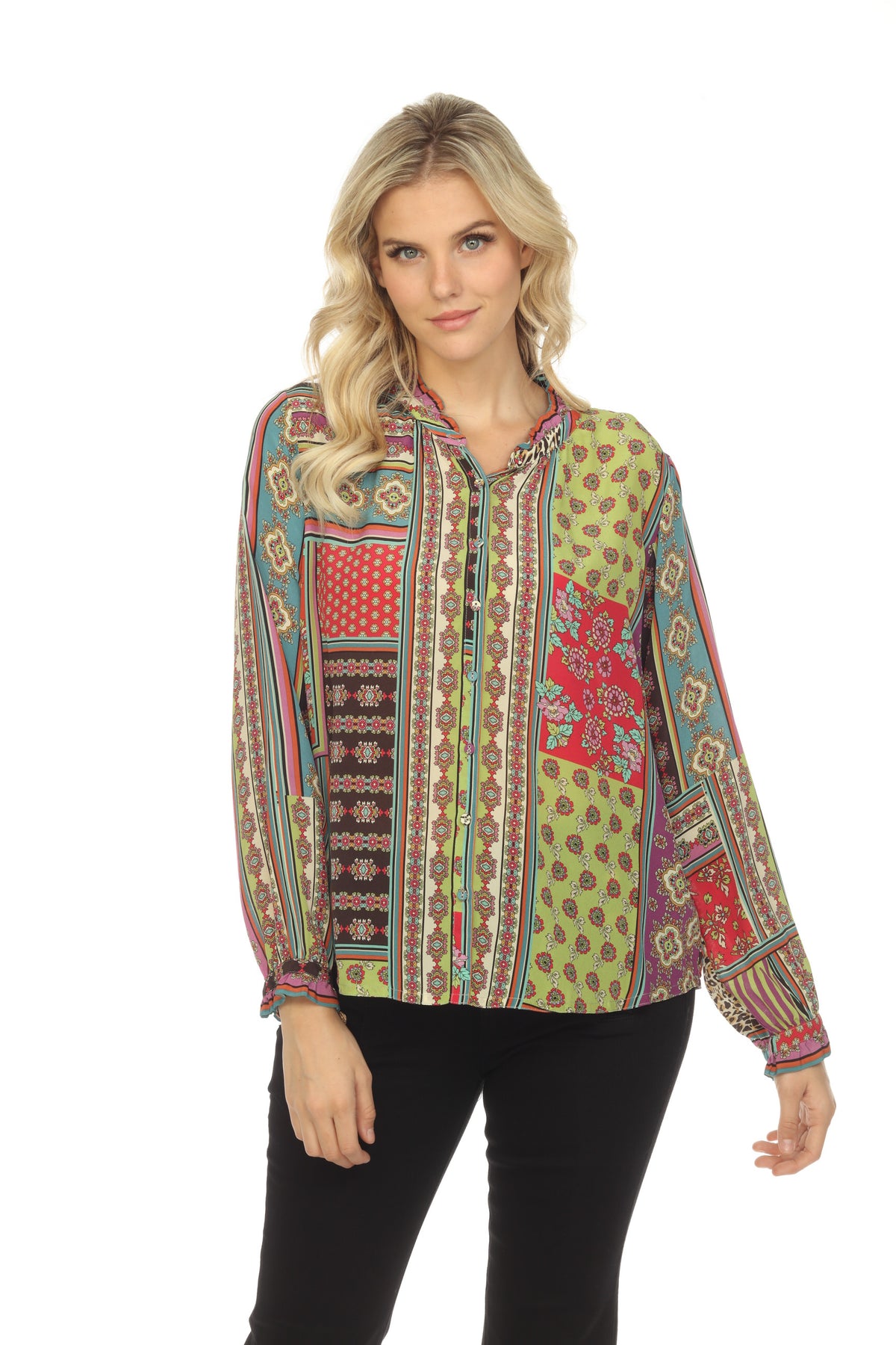 Johnny Was Multi Patch Amabel Silk Printed Button-Down Blouse Boho Chi ...