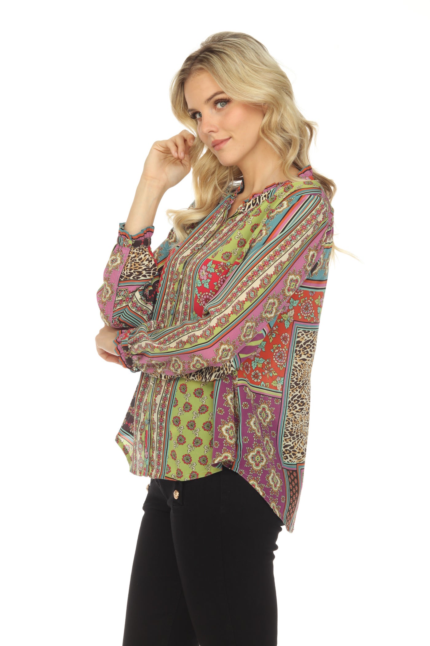 Johnny Was Multi Patch Amabel Silk Printed Button-Down Blouse Boho Chi ...