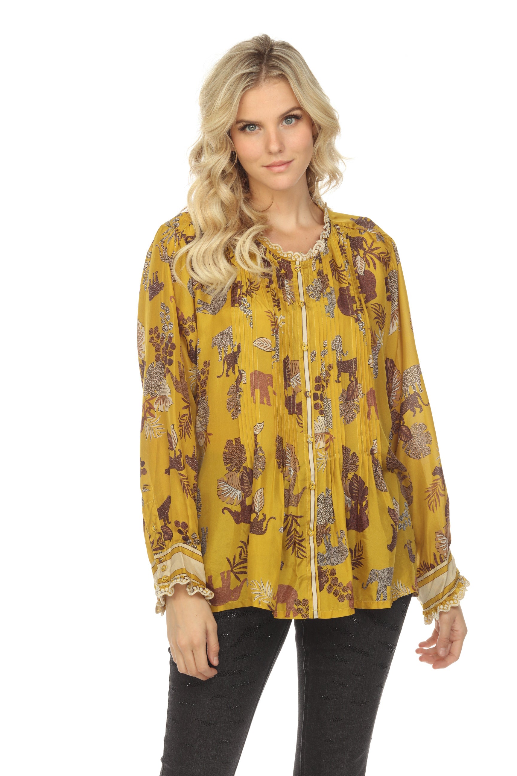 Johnny Was Mustard/Multi Taly Evette Silk Printed Long Sleeve Blouse ...
