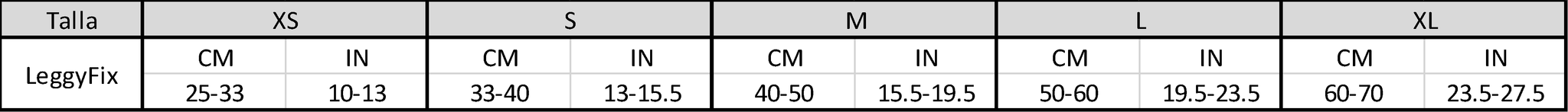 LeggyFix Sizes