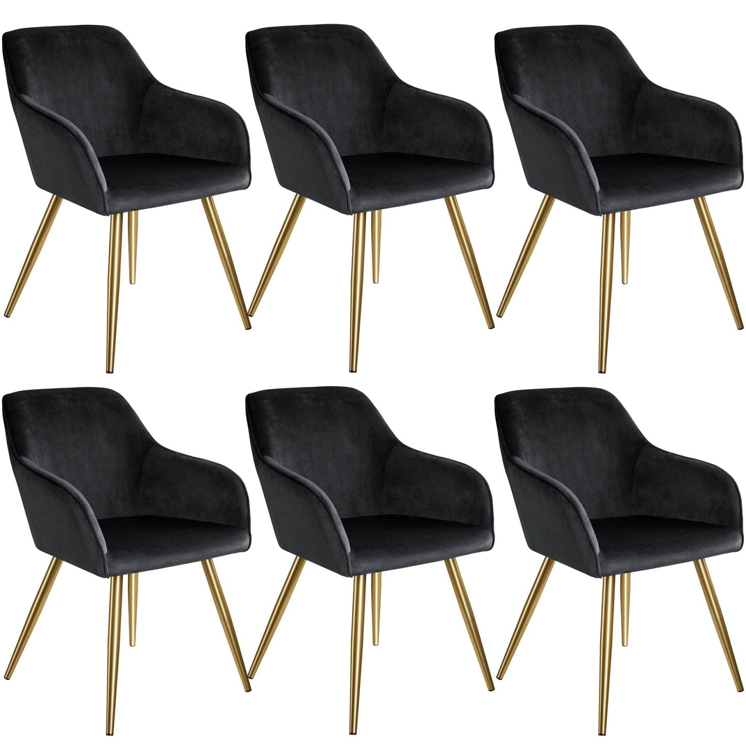 Eva - lot de 6 fauteuils chaises de salle à manger - finition tissu velours  noir - pieds noir et dorés - style scandinave - Conforama