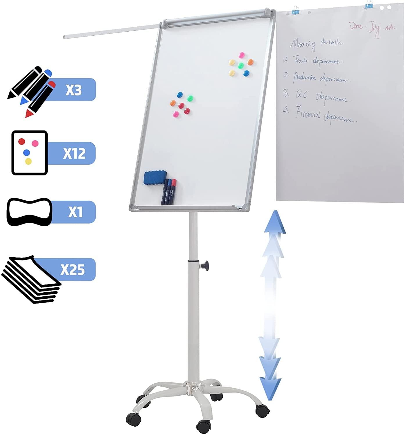 Chevalet de conférence blanc 60 x 90 cm, avec support, Hauteur réglable,  mobile, magnétique, paperboard effaçable