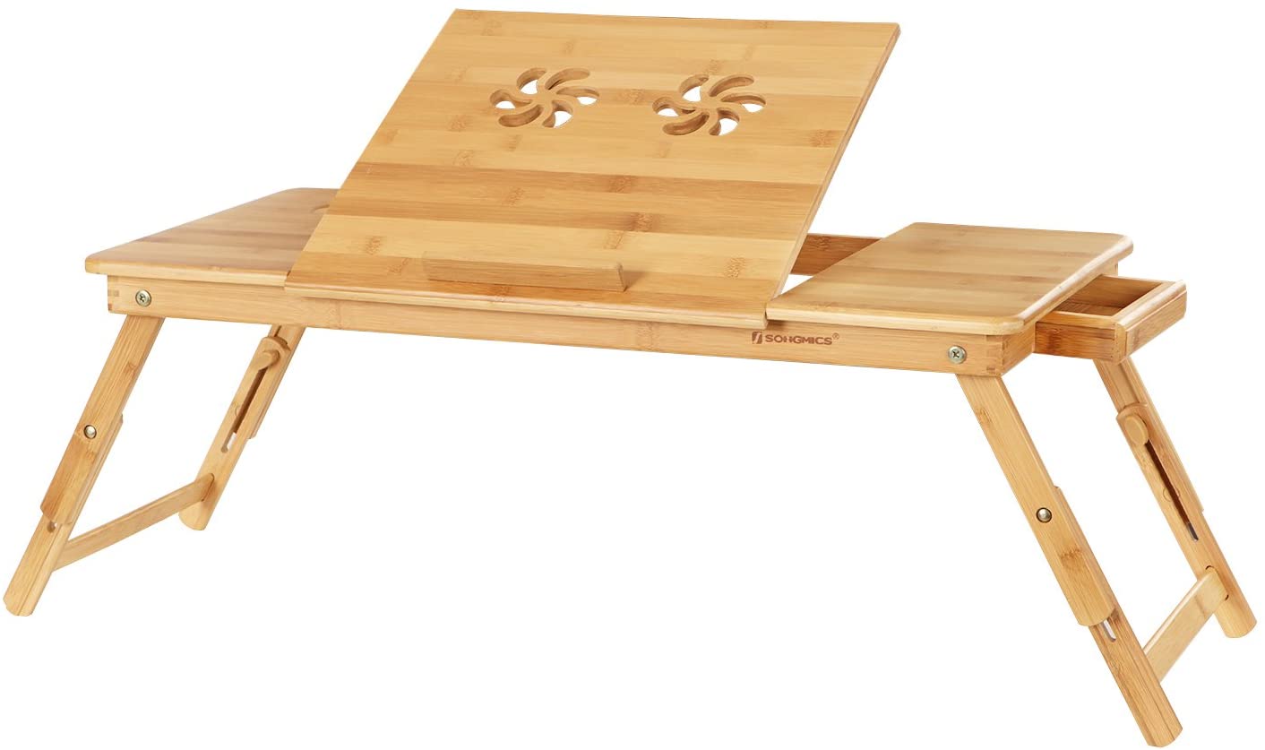 Table de lit pliable petite table en bambou pour ordinateur portable pour  gaucher et droitier plateau ajustable 5 positions 89 x 35 x 29 cm trous  d'aération petit tiroir helloshop26 12_0001054 - Conforama