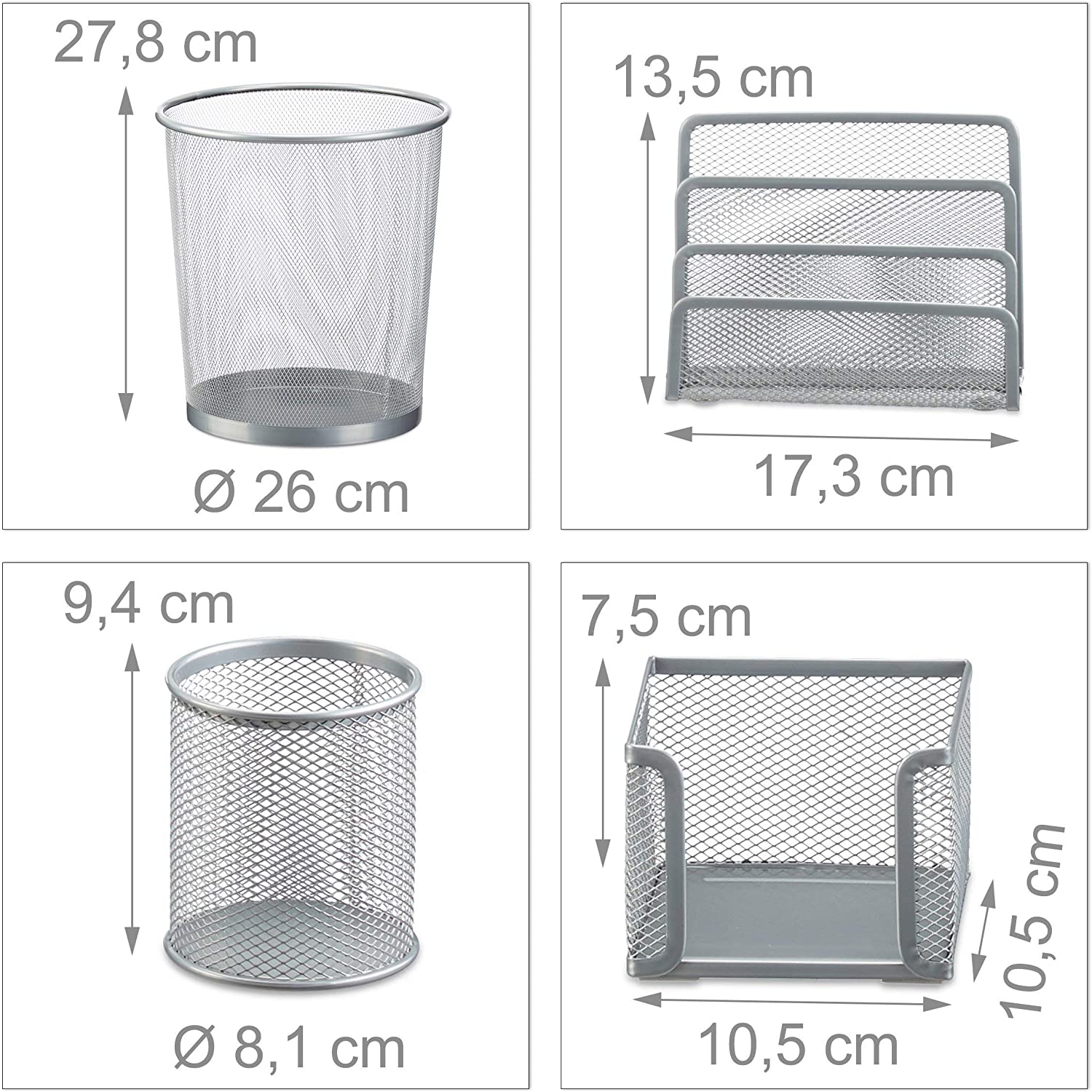 Set 4 fournitures bureau métal organiseur trieur à courrier bloc notes pot  à crayon corbeille papier rangement gris helloshop26 13_0002463 - Conforama