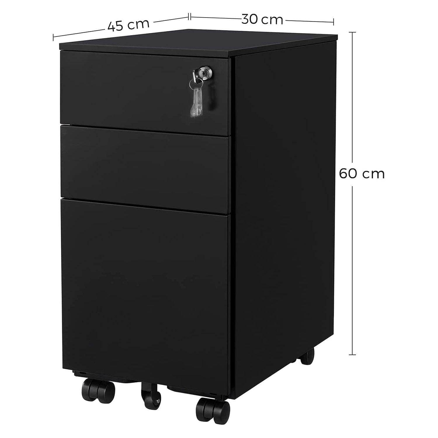 Caisson de bureau metal caisson de rangement mobile avec roulettes et  serrure pour documents et dossier suspendu avec 3 tiroirs 30 x 45 x 60 cm  noir helloshop26 12_0001474 - Conforama