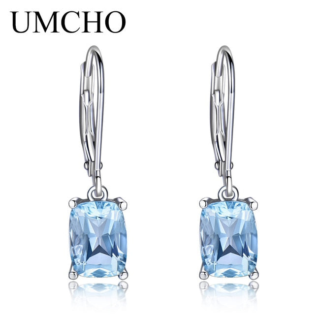 1080 UMCHO Nano Blue Topaz Gemstone White Gold Solid Sterling Dangle Earrings