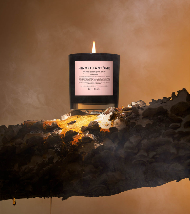 Editorial shot of Hinoki Fantome candle lit on a log covered in sap and snails surrounded by smoke against an orange sunset background.