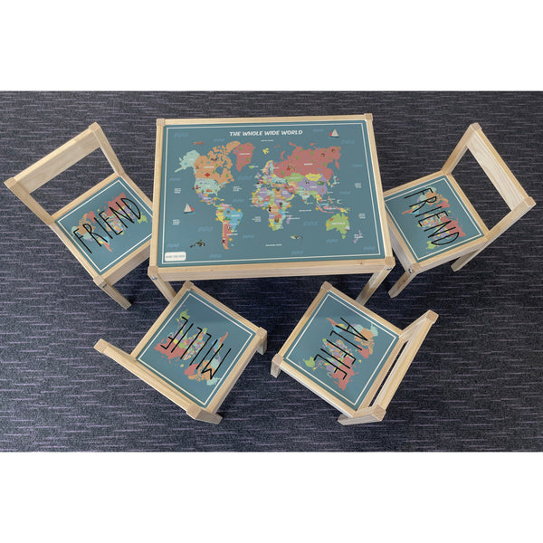 Personalised Childrens Table and 4 Chairs Printed World Map Design 0