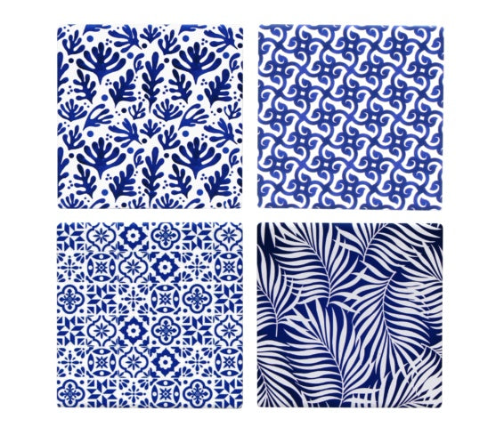 blue and white coasters